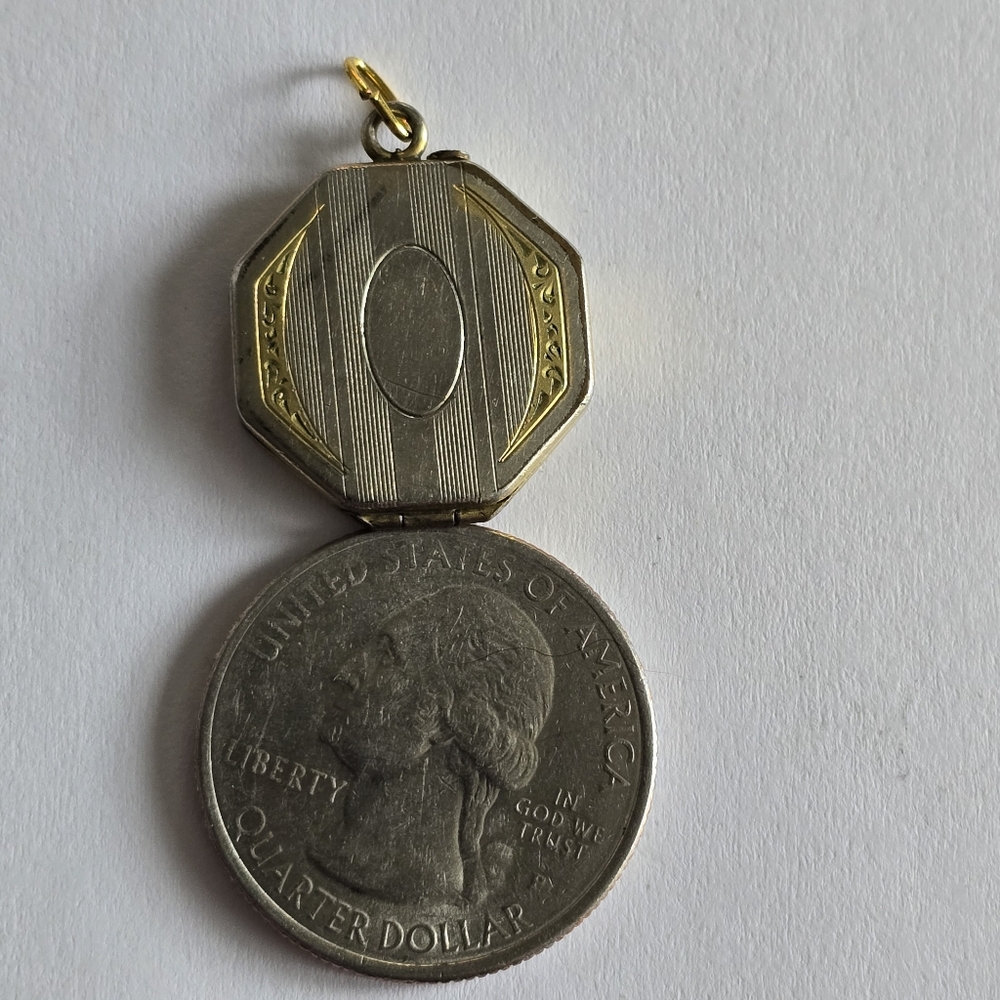 Vintage locket pendant 8 sided art deco silver gold tone photo art deco - Picture 5 of 10